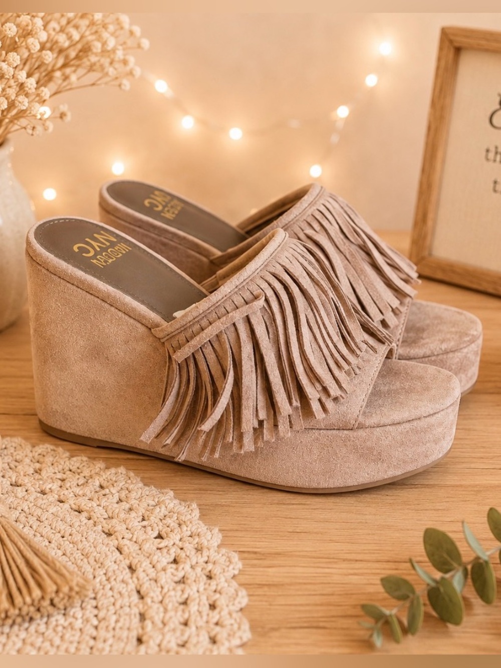 Madden NYC Women's Fringe Platform Wedge Sandal - Taupe Size 7